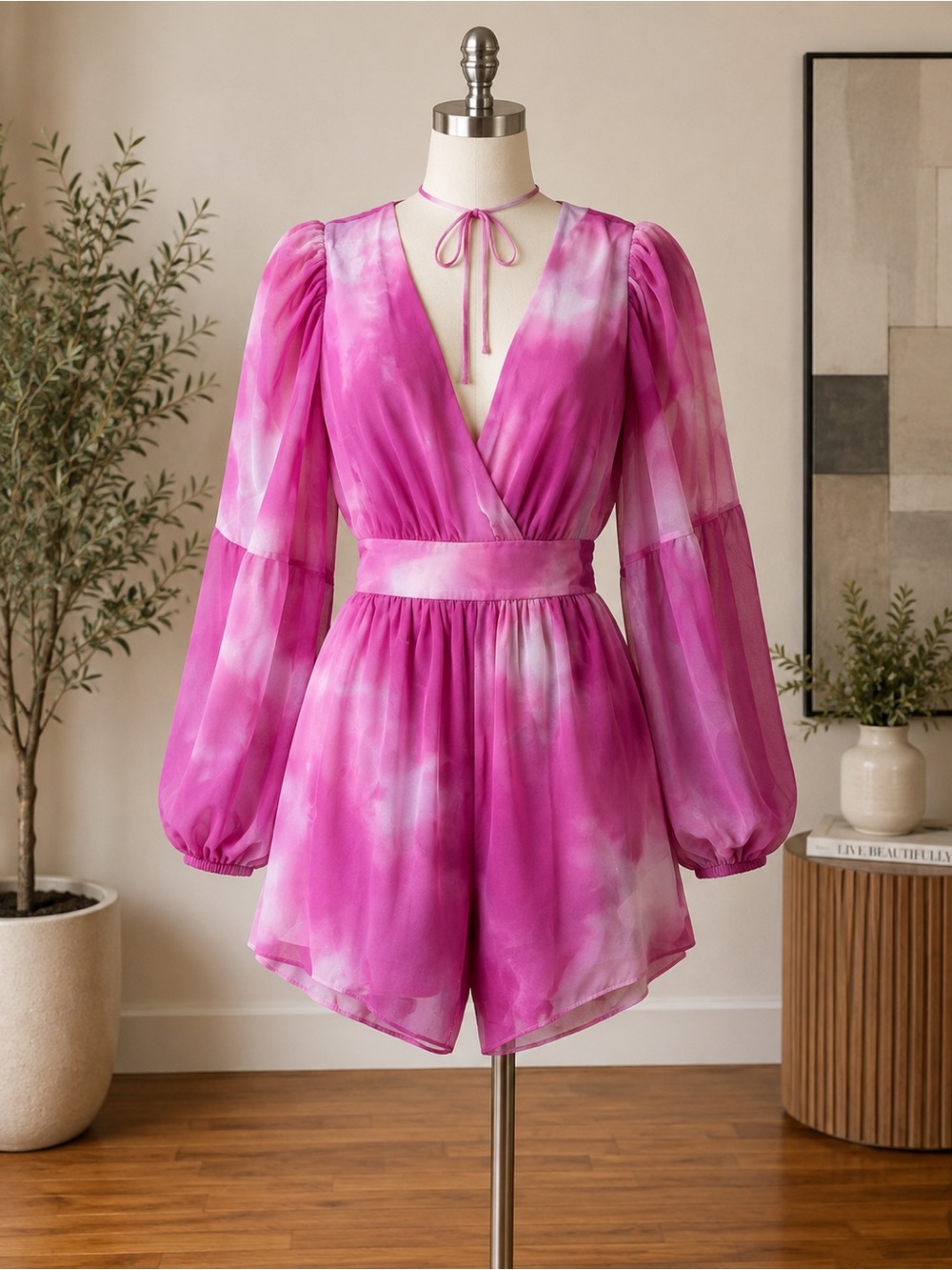 Toccin x RTR Tie-Dye Pink Long-Sleeve Romper with Waist Tie Deep V-Neck